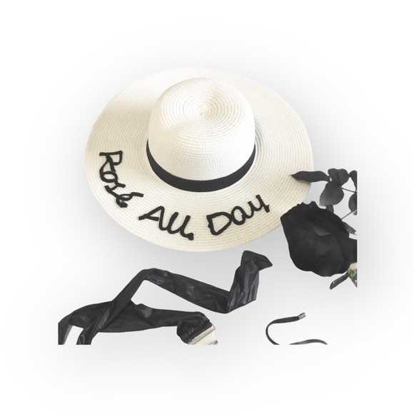 new Rose All Day ☻ Jet Setter Oversize Brim Floppy Sun Hat ☻ White Black Letters - Picture 5 of 14